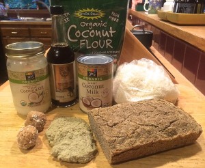 Cocunut baking products.  Coconut-Almond Balls, Coconut/Ginger Cookies and Coconut Bread.